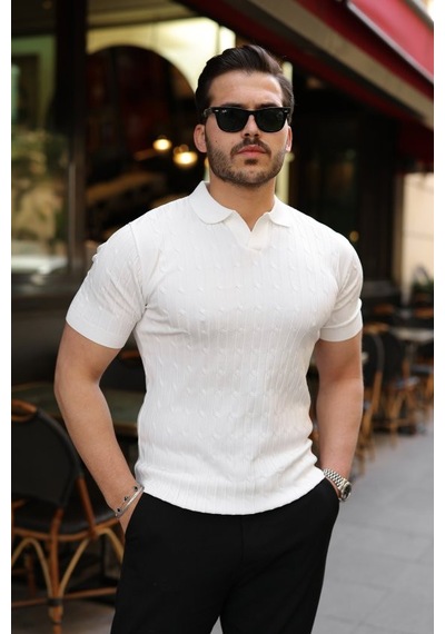 Veraura Lifestyle Erkek Örgü Desen Yakalı Kısa Kollu Triko Tişört Beyaz