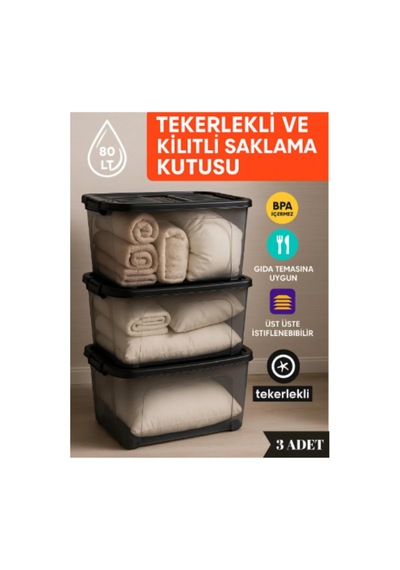 Tr Tekerlekli Saklama Kutusu Düzenleyici 80 Lt Saklama Kabı 3 Adet Çok Amaçlı Saklama Genel