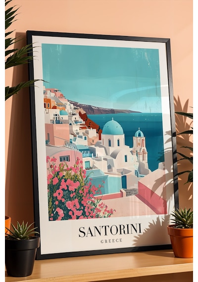 Santorini Greece Vintage Seyahat Posteri Çerçeveli Tablo - Premium Ege Denizi Elit Duvar Dekoru Siyah