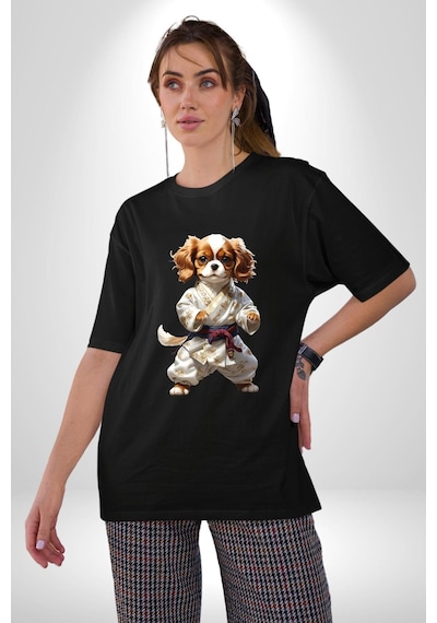 Cavailer King Charles Spaniel Karate Pamuklu Bisiklet Yaka Unisex Oversize Boyfriend Dijital Baskılı Siyah T-shirt Siyah