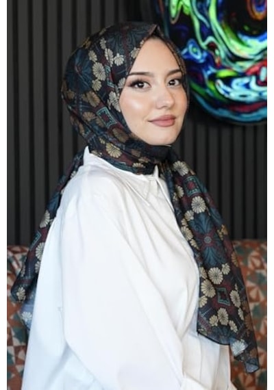 Çiçek Desen Koyu Yeşil Soft Pamuk Şal Çok Renkli9 Açik Gri