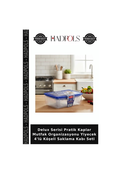 Delux Serisi Pratik Kaplar Mutfak Organizasyonu Yiyecek 4'lü Köşeli Saklama Kabı Seti Mavi - Şeffaf