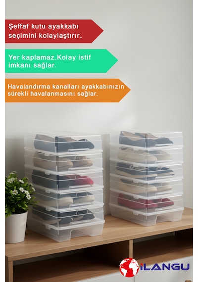 10 Adet Şeffaf Kadın Ayakkabı Saklama Kutusu-hava Kanallı-organizer Şeffaf
