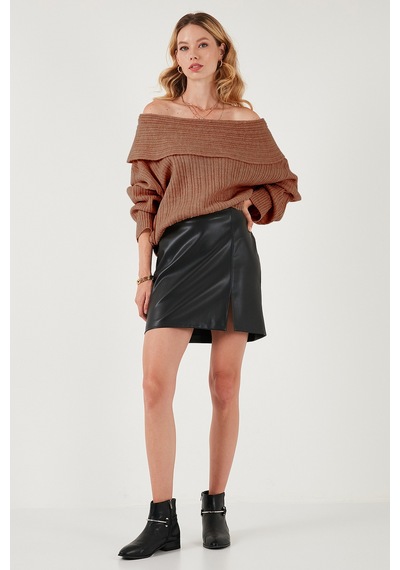 Lela Oversize Fit Madonna Yaka Triko Bayan Kazak 4615216 Camel