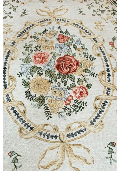 Vintage Gül Desenli Krem Fransız Klasik Şık Salon Oturma Odası Yıkanabilir Kaymaz Taban Kilim Krem Krem