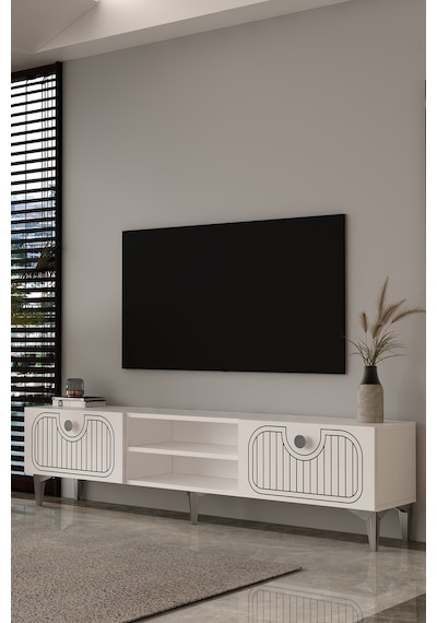 180dhdtsr3bg Hera Lazer Desenli Raflı Tv Sehpası,ünitesi Beyaz-gümüş