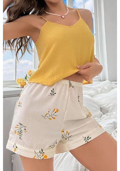 Bella Notte Sarı Askılı Üst & Çiçek Desenli Şortlu Yazlık Pijama Takımı