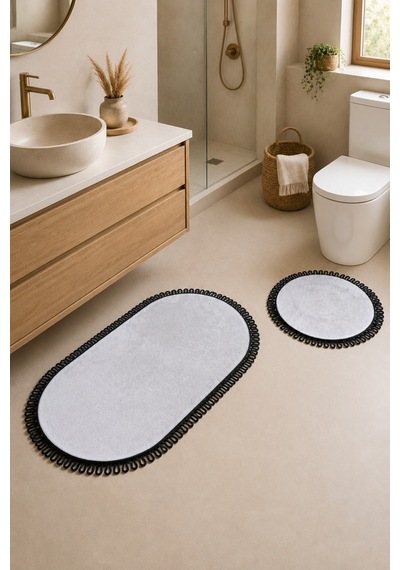 El Yapımı Bohem Banyo Paspası 2'li Peluş Kaymaz Jel Taban Yuvarlak 60x60 Cm Ve Oval 55x100 Cm Çok Renkli