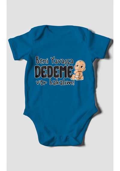 Morivokids Beni Yavaşça Dedeme Ver Bakalım Kısa Kollu Bebek Body %100 Pamuk Koyu Mavi