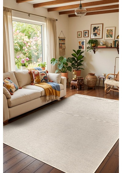 Valerıa Vlr01w Krem Beyaz Dekoratif Şönil Kilim Modern Desen Yıkanabilir Yumuşak Kaymaz Taban Halı Krem-beyaz