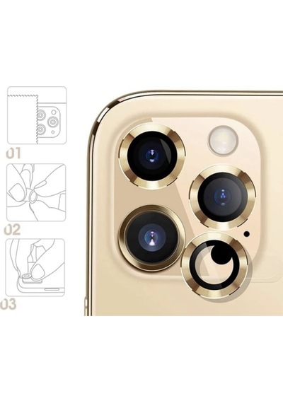 Apple Uyumlu   iPhone 14 Pro Max Kamera Koruyucu Lens Mercek Metal Çerçeveli 3lü Set Gold Altın