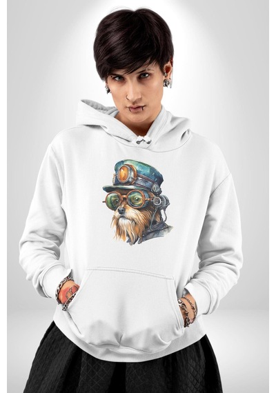 Tren Sürücüsü Gözlüklü Yorkshire Kadın Erkek Beyaz Kapüşonlu Sweatshirt Hoodie Beyaz