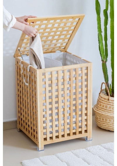 Digithome Bambu Bölmeli Çamaşır Sepeti 62x45 Cm Kulplu Taşınabilir Bezli Kahverengi