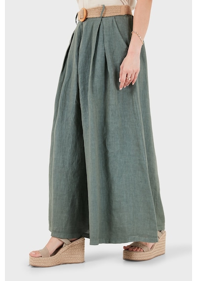 Via Dante Relaxed Fit Yüksek Bel Bol Paça Keten Pantolon Bayan Pantolon 7544 Haki