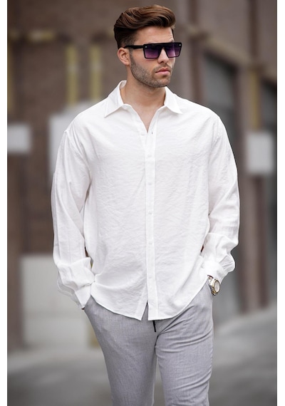 Madmext Ekru Uzun Kollu Oversize Erkek Gömlek 6733 Ekru