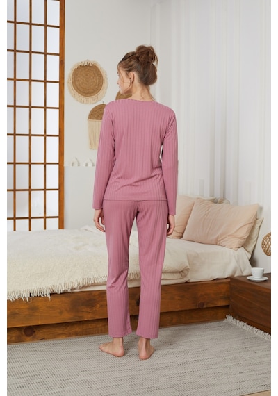 Siyah İnci Fitilli Örme Pijama Takım25226003 Gülkurusu