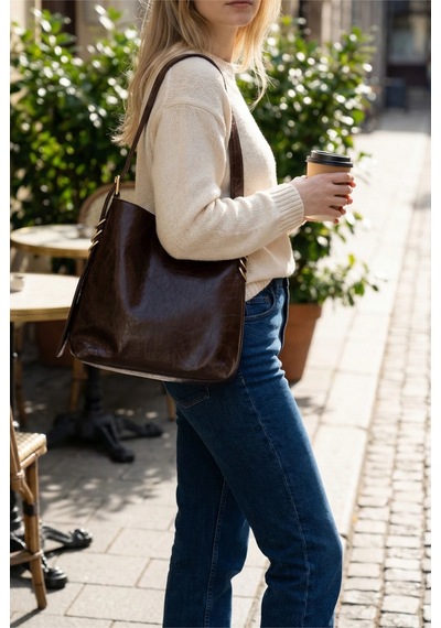 Glemix Shine Acı Kahve Yan Metal Detaylı Kırışık Desen Shopper Omuz Çantası Acı Kahve Kırışık Desen