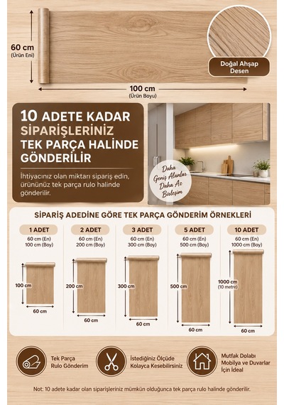 Deconitte Kendinden Yapışkanlı Doğal Meşe Ahşap Desenli Mobilya Dolap Masa Tezgah Dekoratif Kaplama 60x100cm