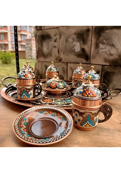 Çiçek İşlemeli Bakır Kahve Takımı