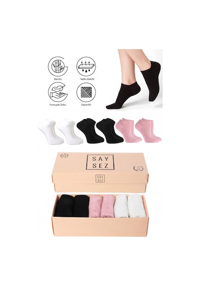 Saysez Bambu Kadın Patik Düz Siyah-beyaz-pembe Renk Çorap Dikişsiz Premium Kutulu 6'lı Paket Çoklu Renk Asort