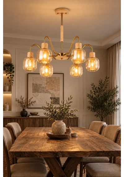 Modern Premium Doğal Ahşap Detaylı Gold Gövdeli 6'lı Amber Camlı Modern Avize 6xe27