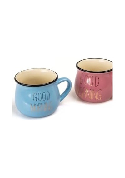 2&apos Li Emaye Görünümlü Porselen Kupa Seti Good Morning Gold Yazılı 150 Ml,pembe & Mavi Açık Ahşap
