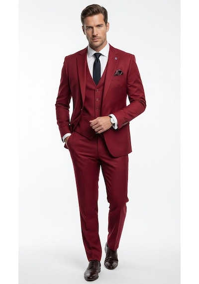 Erkek 3 Parça Slim Fit Takım Elbise Klasik Likralı Kumaş, Tek Düğme, Çift Yırtmaçlı Modern Kesim Ceket Yelek Pantolon Bordo Erkek 3 Parça Slim Fit Takım Elbise Klasik Likralı Kumaş, Tek Düğme, Çift Yırtmaçlı Modern Kesim Ceket Yelek Pantolon Bordo