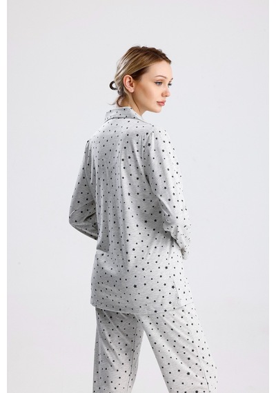 Yeni İnci Yıldız Desen Pamuk Kadın Pijama Takım Gri