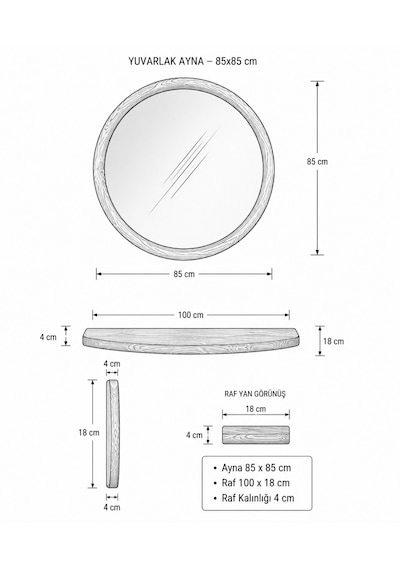 Dekoratif Yuvarlak Model 85 Cm Aynalı Dresuar - Raf Ceviz