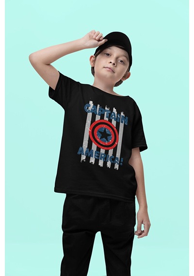 Sevbano Kaptan Amerika Baskılı Unisex Avengers Film Çocuk Tişört 1-12 Ya Siyah