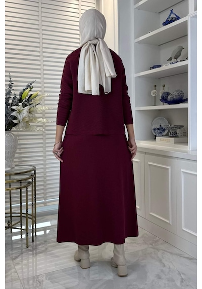 Rabia Şamlı Melis Çelik Örme Triko Takım Bordo Çok Renkli