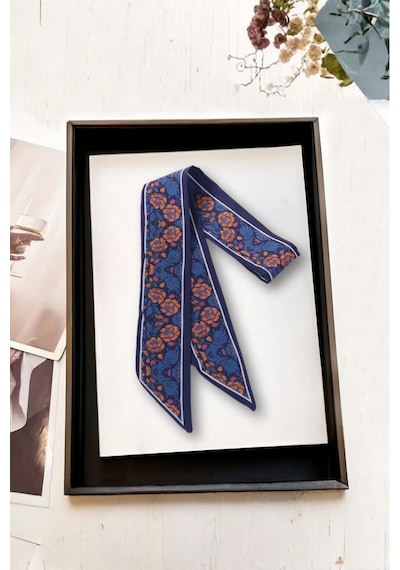 Walkenzo Çiçek Desenli Özel Tasarım Çanta Bileklik Saç Çok Amaçlı Kadın Fular Lacivert
