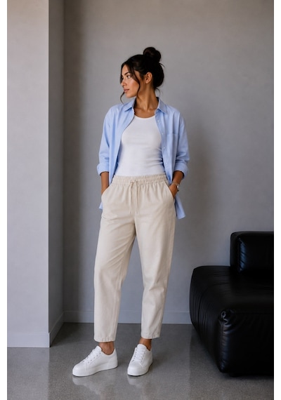 Vadon 1019 Kadın %100 Pamuk Gabardin Lastikli Bel Havuç Kesim Pantolon Bej