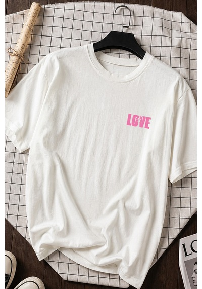 Spoyi Aşk Zarları Tasarımlı %100 Pamuk Yarım Oversize Beyaz T-shirt