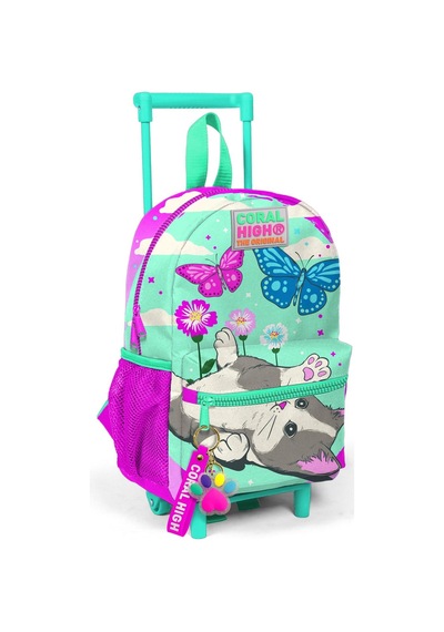 Coral High Kıds Açık Yeşil Pembe Kedi Kelebek Desenli Çekcek Anaokul Çantası 24008
