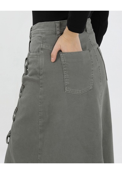 Vellichor Bağcık Detaylı Denim Etek- Haki Çok Renkli