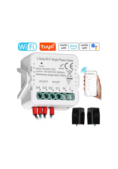 E24860-wıfı-2 Tuya Wifi 2 Gang 80a Tek Fazlı Kelepçe Güneş Pv Çift Tuya Wifi 2 Gang Single Phase Clamp