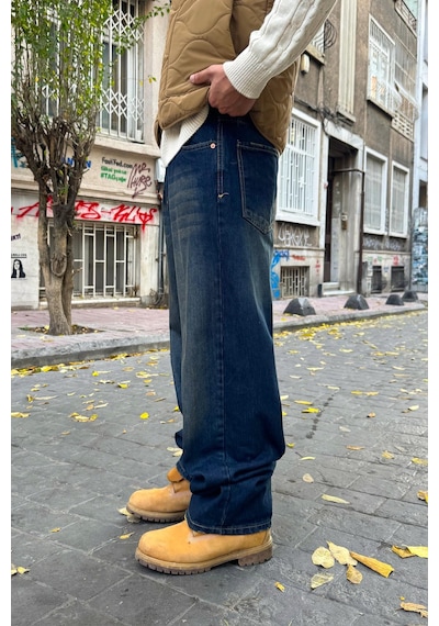 Flaw Eskitme Model Çizgili Baggy Jean Lacivert Lacivert