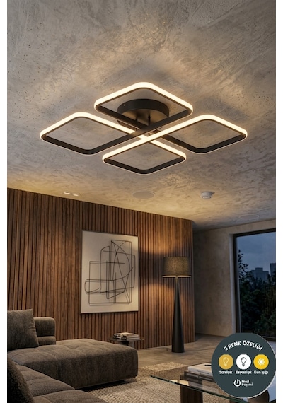 March Dekoratif Siyah Plafonyer Led Avize-4'lü Geometrik Kare 3 Renk Yanma Özellikli