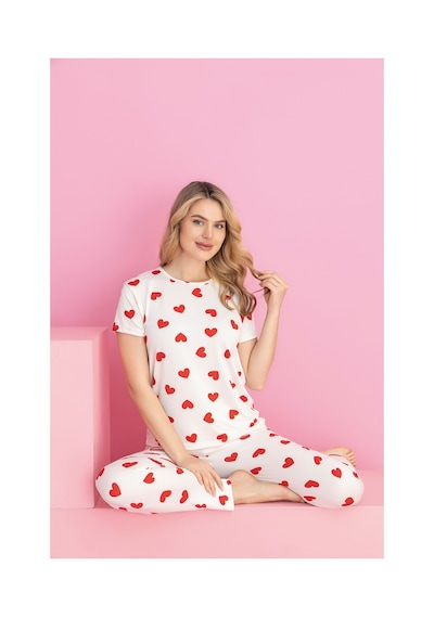 Rindahomewear Kadın Milan Kalp Desenli Kısakol Pijama Takımı Beyaz Kalpli