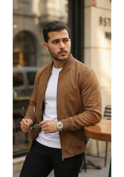 Efnaz Style Erkek Önden Fermuarlı Içi Astarlı Süet Ceket Kahverengi