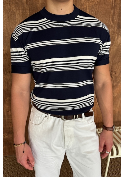 Erkek Bisiklet Yaka Oversize Çizgili Triko T-shirt Lacivert