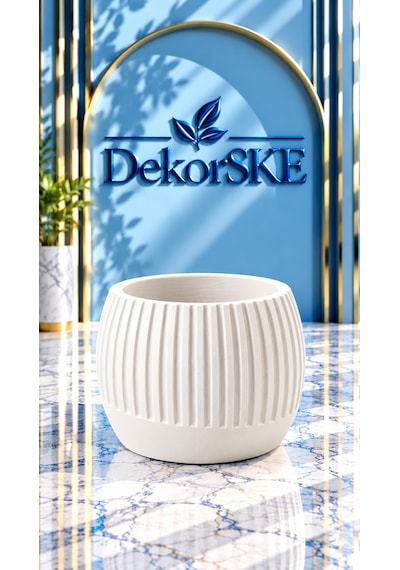 Dekorske - Taş Tozu Çizgili Saksı, Sukulentlik Ve Mumluk - 7,5x10 Cm - El Yapımı Dekoratif Mini Saksı Ve Çok Amaçlı Ev Dekoru Beyaz