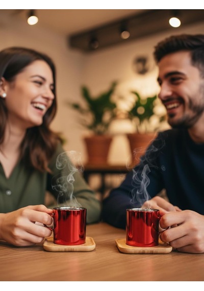 Kırmızı 2'li Borosilikat Fincan Seti, Kare Bambu Altlıklı, Isıya Dayanıklı Kahve Ve Çay Fincanı, Paslanmaz Çelik İç Yüzey Çok Renkli