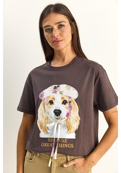 Shade Kadın Baskı Ve Payet Detaylı Fiyonklu Basic T-shirt 7643 60286115 - Kahverengi