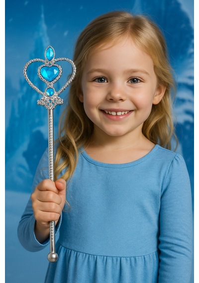 Frozen Elsa Temalı Mavi Kalp Taşlı Sihirli Asa Kız Çocuk Kostüm Aksesuarı - 31 Cm