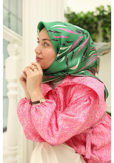 Silk Home Yeşil Pembe Desenli Tivil İpek Eşarp 11432-58 Çok Renkli