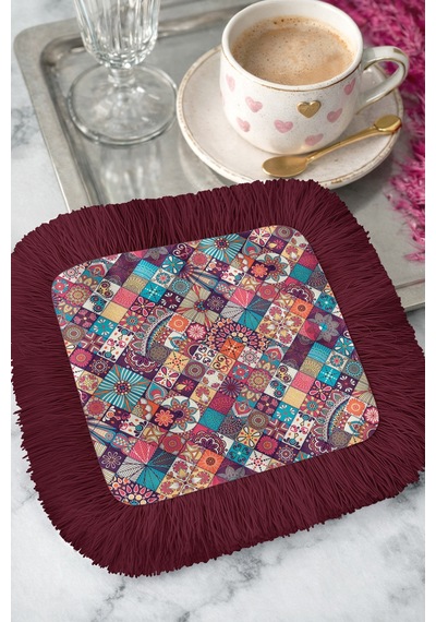 Mozaik Patchwork Saçaklı Sunum Peçetesi-canlı Bohem Renkli Bordo Saçak Bardak Altlığı Servis Mendili Çok Renkli