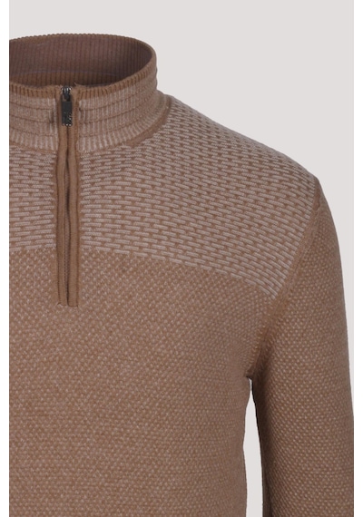 Erkek Triko Yarım Fermuarlı Camel Slim Fit Desenli Pamuklu Knitwear Ncs Jeans 3709 Camel