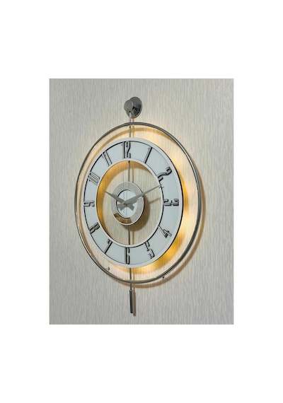 Pey Aksesuar Metal Camlı Duvar Saati Krom Statık 50 X 70cm Orta Boy Işıklı M51-kromgrı-şeffaf-beyaz-gümüş Gri